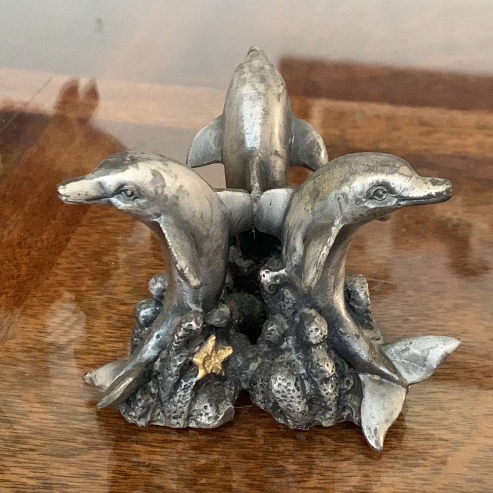 Three 3 Dolphins Dolphin Solid Pewter Statue Paperweight 1994 SPI Paper Weight